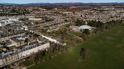Obraz premium Perth City Centre, Scotland, by drone. Featuring the River Tay, Horsecross and the North Inch.