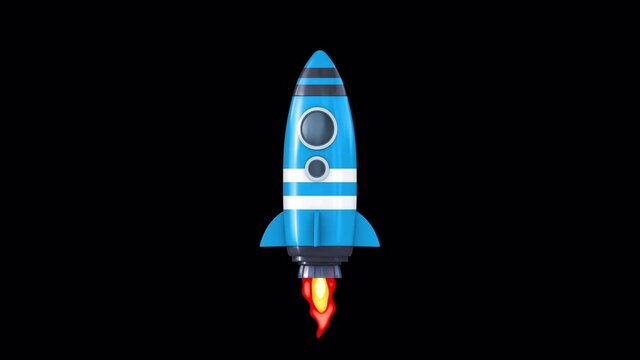 Cartoon Blue Space Rocket. Funny animation on transparent background. Looped video. Alpha channel.