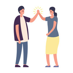 Happy friends man and woman giving high five