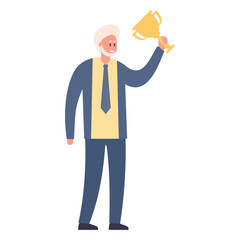 Man with trophy. Male success, business successful winner.