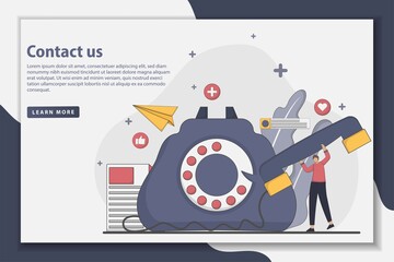 Contact us for landing page concept illustration. Online customer and client care and support concept. Can be used for landing page, UI, web, app intro card, editorial, flyer, and banner.