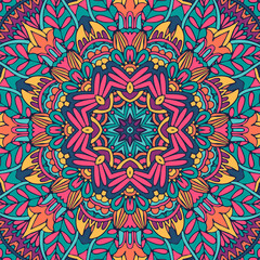 Floral ethnic tribal festive pattern for fabric. Abstract geometric colorful seamless mandala flower ornamental.