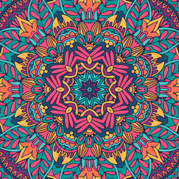 Floral ethnic tribal festive pattern for fabric. Abstract geometric colorful seamless mandala flower ornamental.