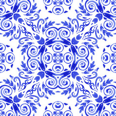 Abstract blue and white hand drawn tile seamless abstract textured damask ornamental watercolor paint pattern.