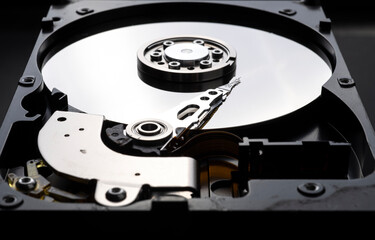 Closeup of a computer hard disk interior parts