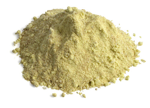 Yellow Sulfur Powder. Elemental Sulphur Mineral Powder. Used For Plant Fungicidal Control, Soil Acid Control And Fertilizers, Colloidal Suspension, Matches And Medicine. Isolated On White.