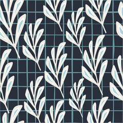 Contrast seamless pattern with white random leaf branches silhouettes. Navy blue chequered background.
