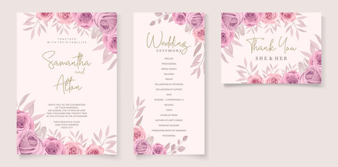 Set of wedding invitation template with beautiful soft pink blooming roses design