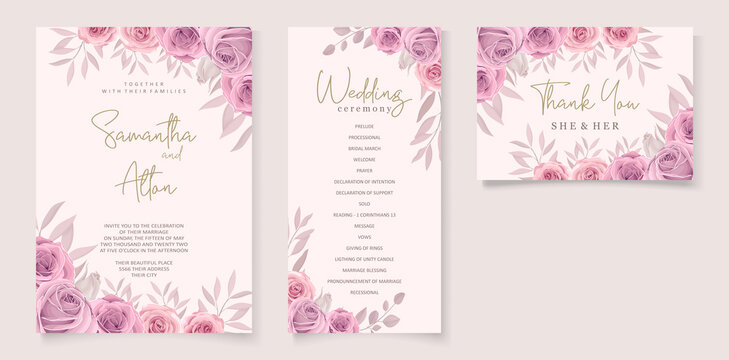 Set of wedding invitation template with beautiful soft pink blooming roses design