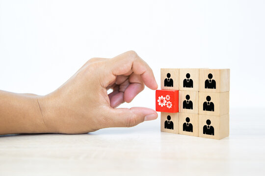 Hand choosing cog icon with people symbol on cube wooden toy block stacked. Concepts human resources personnel selection person organization job fit employees performance teamwork and business team.