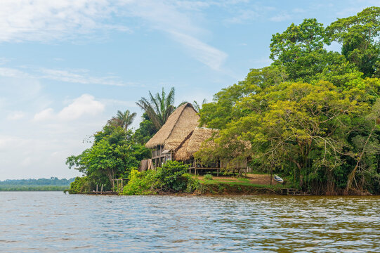 Amazon rainforest lodge by Zancudococha lagoon, Cuyabeno wildlife reserve, Ecuador.