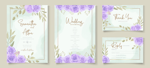 Set of wedding invitation template with beautiful purple blooming roses design