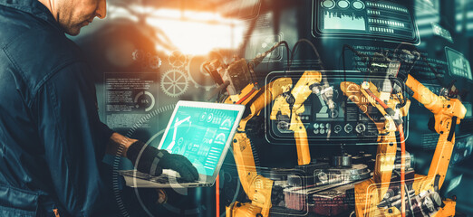 Smart industry robot arms for digital factory production technology showing automation...