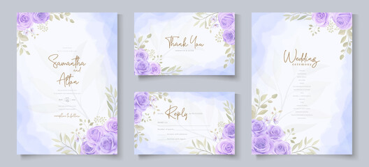 Fototapeta na wymiar Set of wedding invitation template with beautiful purple blooming roses design