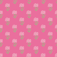 Bright dandelion silhouettes seamless pattern in floral ornament. Pink background. Botanic backdrop.