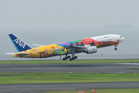 Tokyo, Japan - July 02, 2019:All Nippon Airways (ANA) Boeing B777-200ER (JA741A) Passenger Plane. Special Livery 