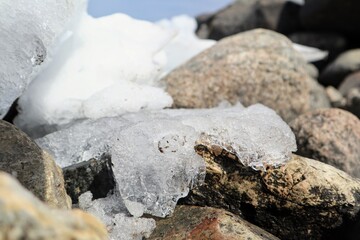 Spring, melting, loose ice close-up on the lake