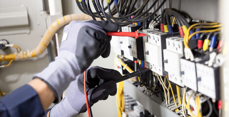 Electrician engineer tests electrical installations and wires on relay protection system. Adjustment of scheme of automation and control of electrical equipment.