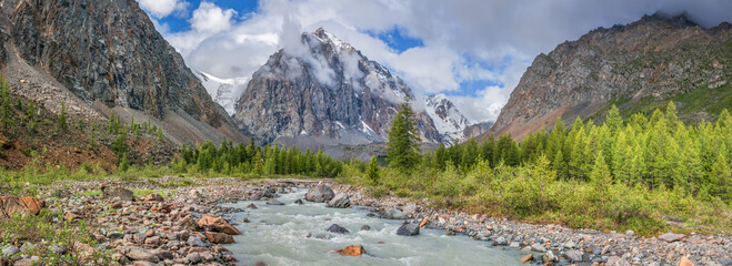 Panoramic view of a mountain gorge with a river, Altai