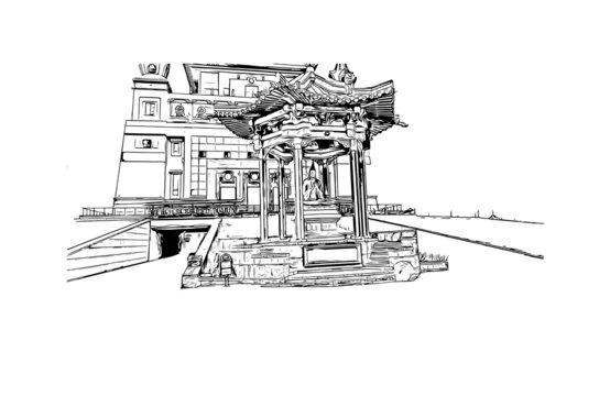 recommend clip art: Building view with landmark of Elista is the capital city  of Russia. Hand drawn sketch illustration in vector.