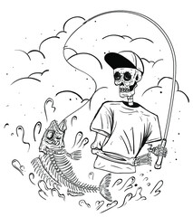 Skeleton Fishing on River Black and White