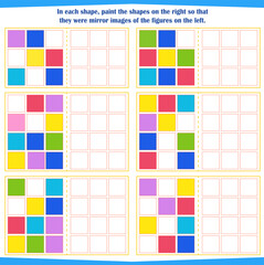   Logic game for children. Tutorial: In each shape, color the shapes on the right in a mirror image of the shapes on the left