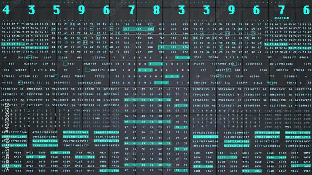 Poster Digital Decimal Number Data Encoder Statistics Random Algorithm Simulation Concept. Virtual Reality Black Cubic 3D Rendering Background.