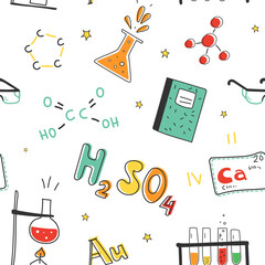 Seamless scientific pattern with chemistry objects. Great for fabric, textile. Vector Illustration
