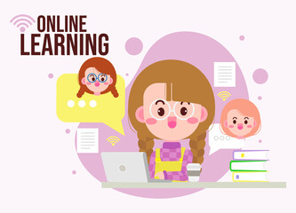 Cute kid online learning with computer laptop cartoon illustration