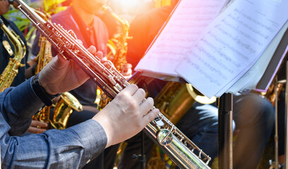 International jazz day and World Jazz festival. Saxophone, music instrument played by saxophonist player musician in fest.