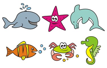 Group of six animals, marine life, whale, starfish, dolphin, fish, crab and seahorse, vector illustration