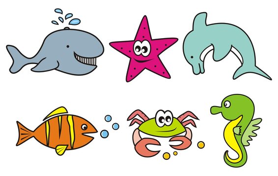 Group of six animals, marine life, whale, starfish, dolphin, fish, crab and seahorse, vector illustration