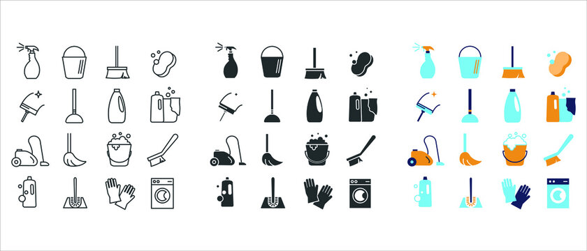 cleaning equipment icon set cleaner services toilet and washing icons broom wash brush washing machine icon