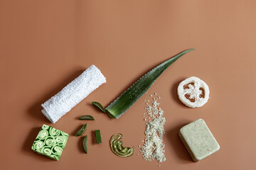 Spa composition with natural skin care products flat lay.