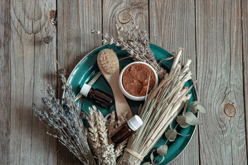 Fototapeta na wymiar Spa composition with natural bath products in a rustic style.