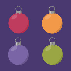 Colorful Christmas balls set. Multicolored baubles collection. Christmas tree decoration. Isolated flat vector illustrations.