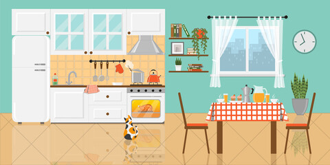 Cozy kitchen with white furniture, refrigerator, food on gas stove and inside the oven, window, table with breakfast and cat. Kitchen interior with glazy floor. Flat vector illustration. © Oxana