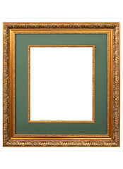 Gilded frame for paintings, graphics and photographs. Frame with green mat. 
