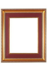 Vertical frame for paintings and photographs with red mat. 