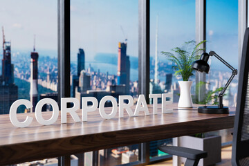 corporate; office chair in front of modern workspace and panoramic skyline view; corporate concept; 3D Illustration