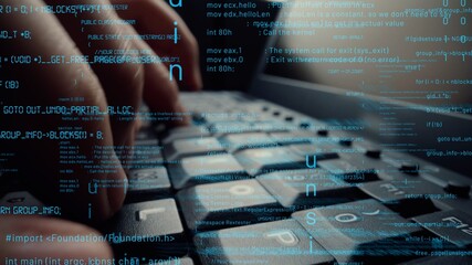 Creative visual of computer programming coding and software development shown by man working on computer keyboard with overlay of computer graphic displaying abstract program codes and computer script