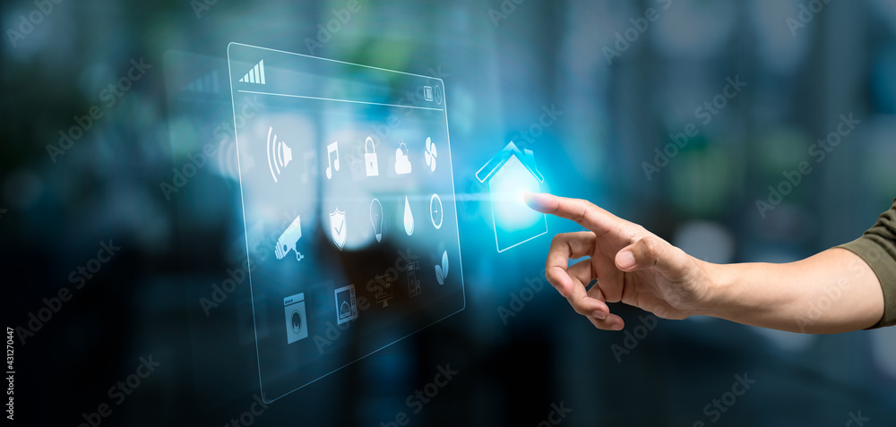 Poster man controlling smart home automation assistant on as a virtual screen. smart home concept