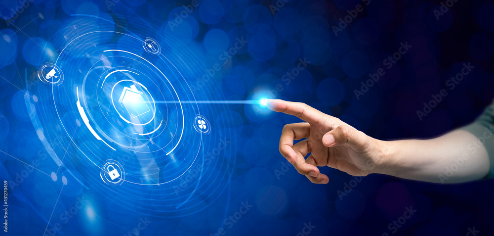 Poster man's hand touching a virtual screen controlling smart home automation assistant. smart home concept