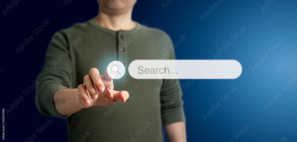Poster man touching on search icon on virtual screen. panoramic of searching internet data information conc
