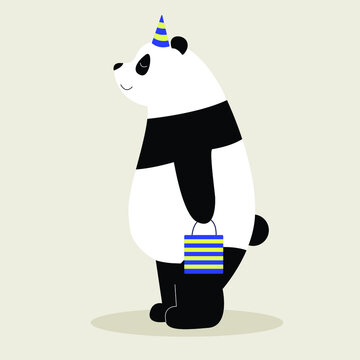 cute panda is going to a birthday party. the picture can become a postcard and a birthday greeting