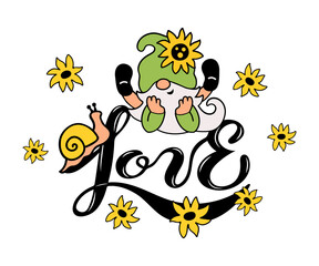 Hand drawn Love and adorable summer gnome with flowers. Vector illustration.