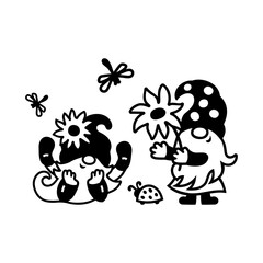 Adorable gnomes with flower on white background. Vector illustration.