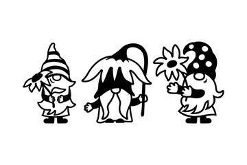 Three adorable gnomes with flower on white background. Vector illustration.