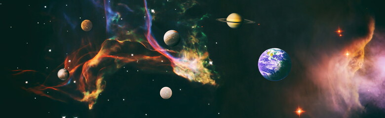 Beautiful Earth . Panoramic view of the Earth, sun, star and galaxy. Sunrise over planet Earth,...