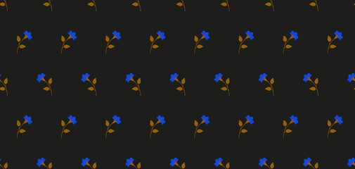 Dark multicolored minimalist repeat botanical pattern. Horizontal rows of flowers with stems and leaves. Symmetrical geometric seamless pattern. Vector illustration.